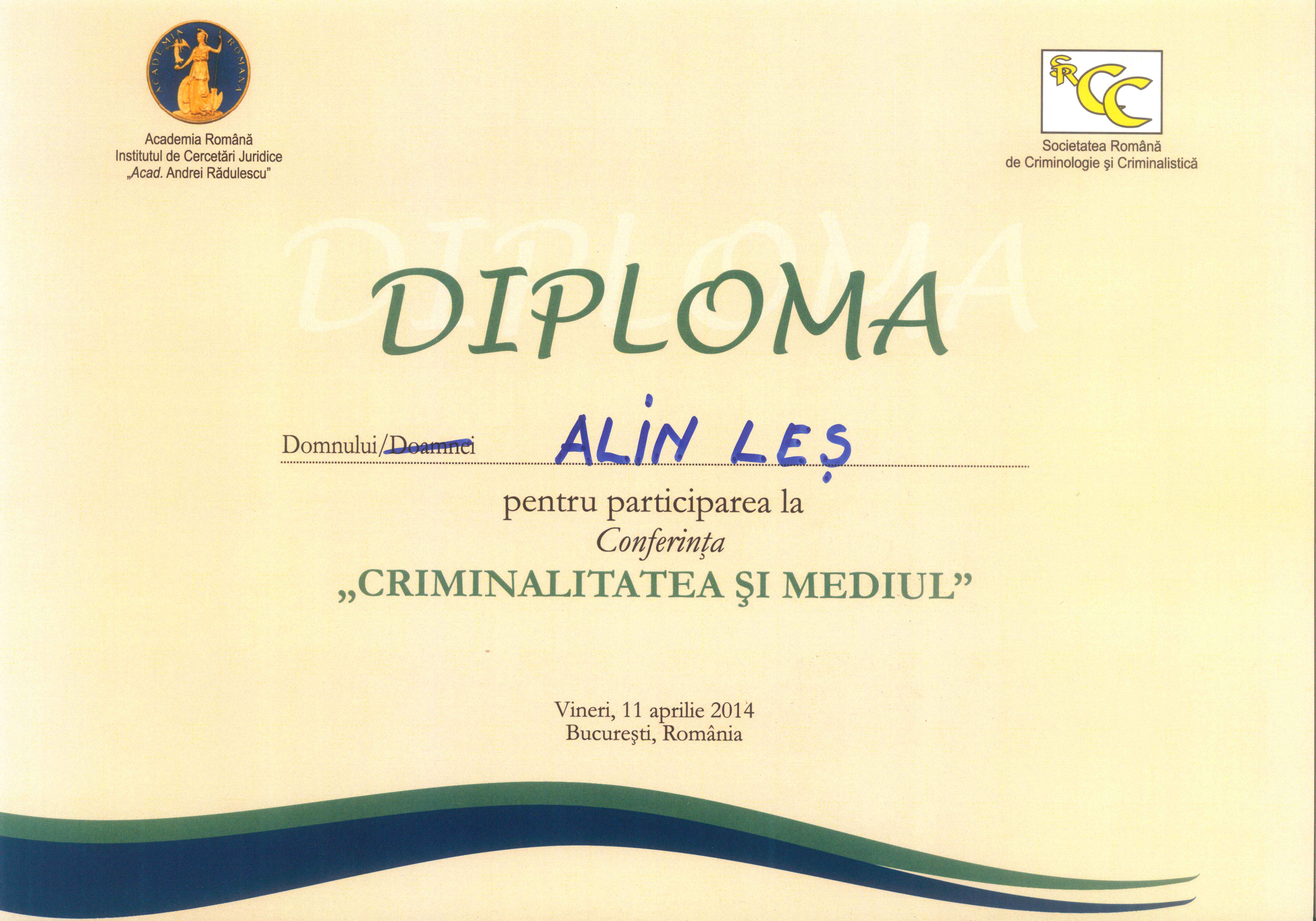 Alin Les, Diploma Academia Romana si SRCC, 2014